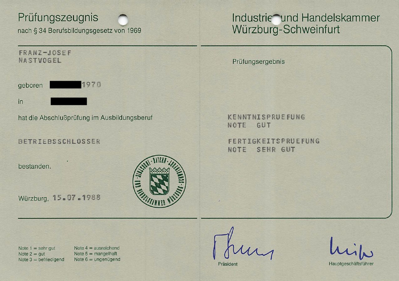 pruefungszeugnis der ausbildung zum betriebsschlosser